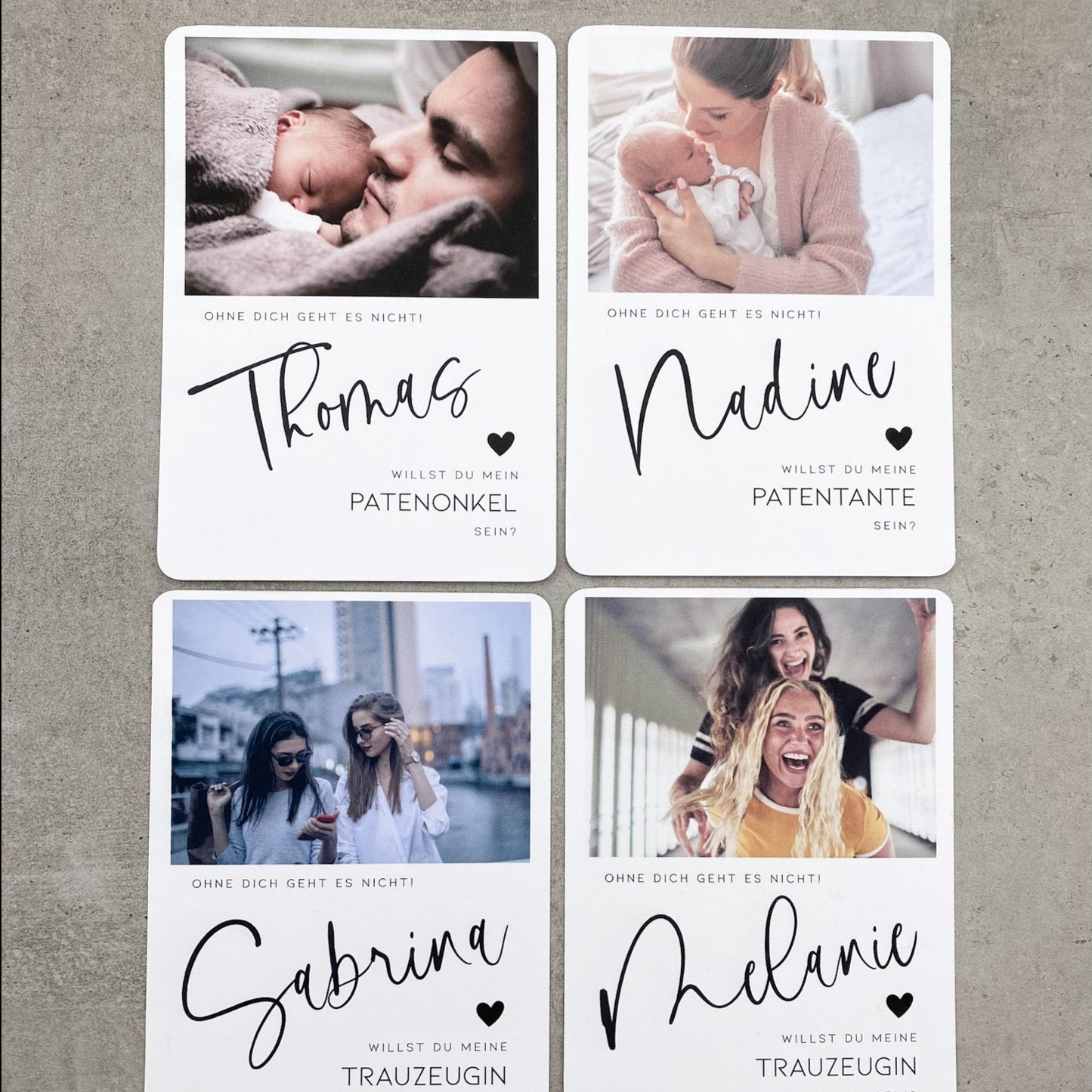 Einladungskarte mit Foto und Handlettering Namen für Trauzeugin