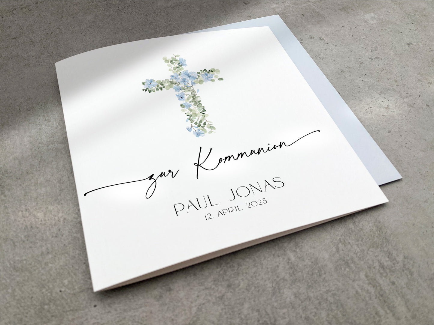 Karte zur Kommunion mit blauem Kreuz