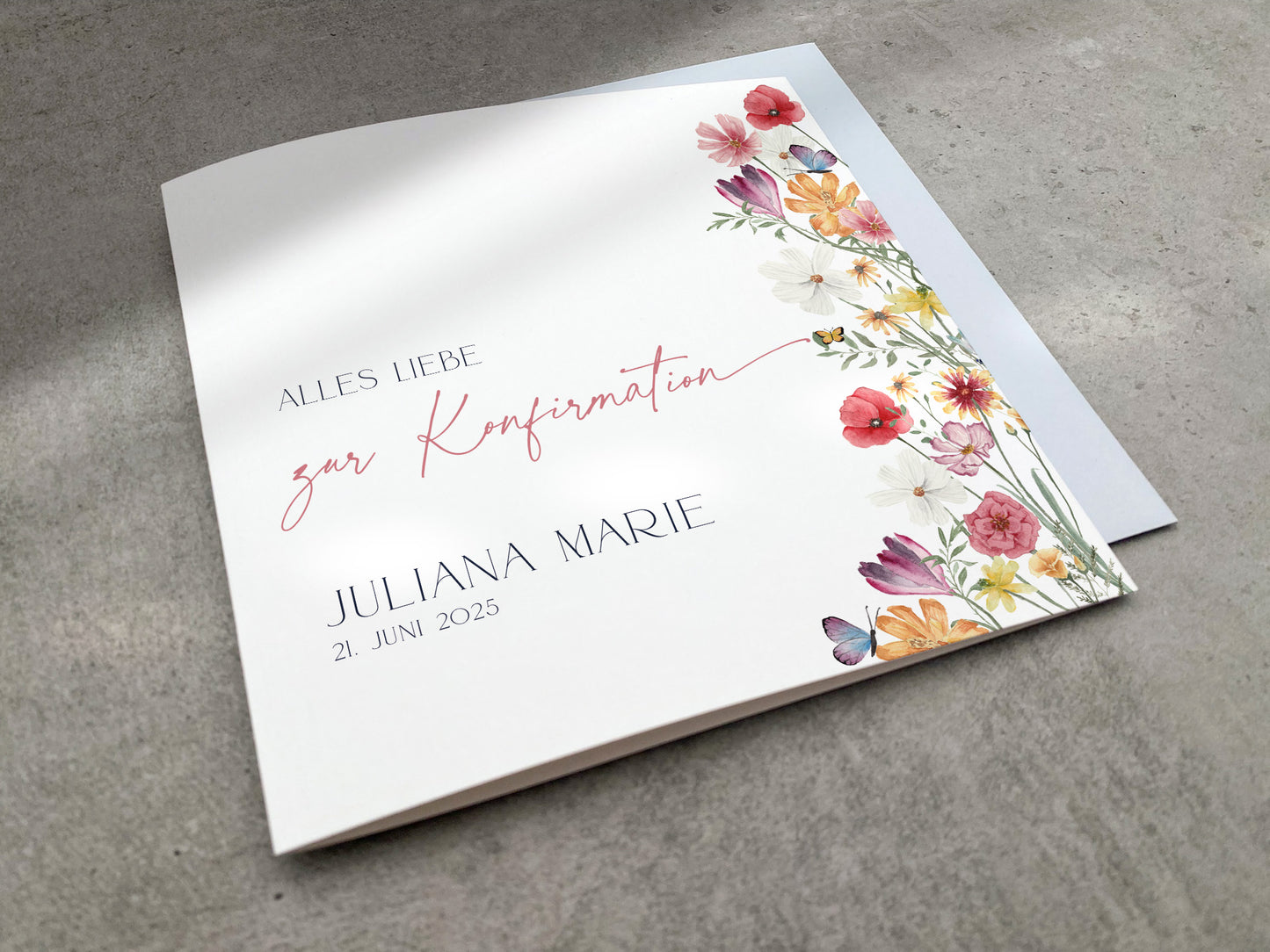 Florale Karte zur Konfirmation - mit Wildblumen und Schmetterlingen