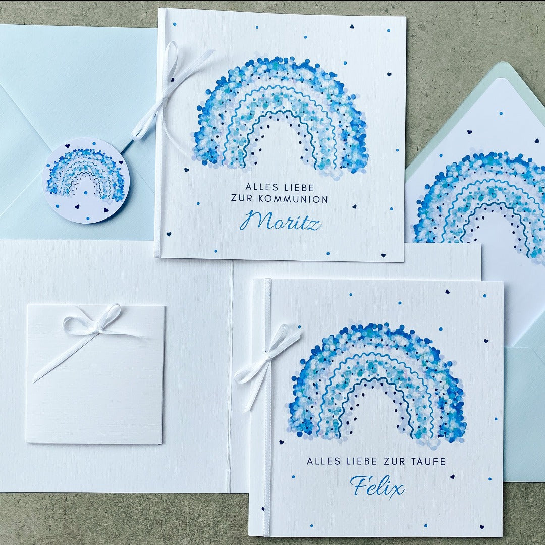 Quadratische Klappkarte zur Kommunion mit Regenbogen in türkis mit Umschlag und  Inlay  - KleinArt