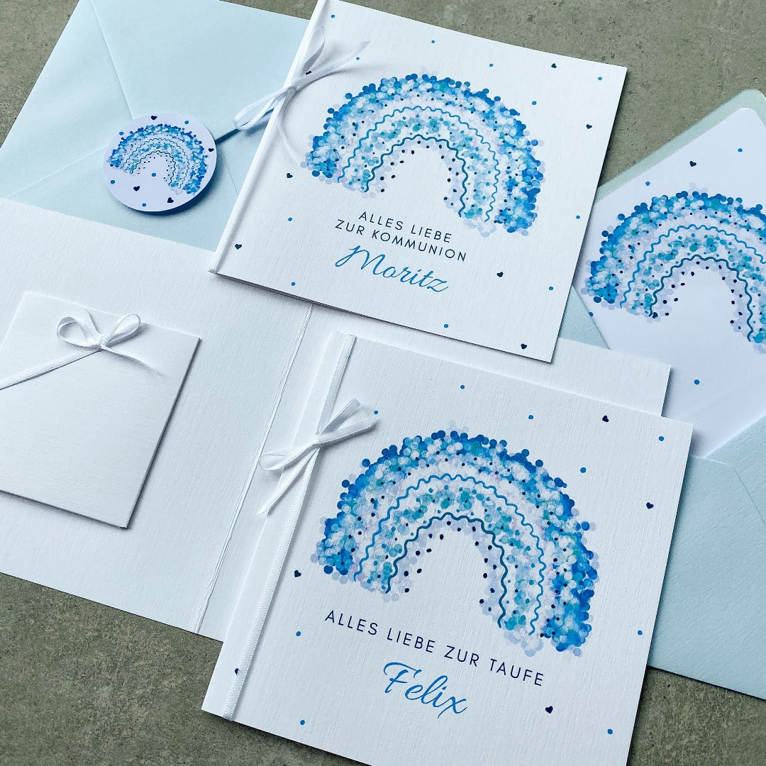 Quadratische Klappkarte zur Kommunion mit Regenbogen in türkis uns Geldfach, mit Umschlag und Inlay- KleinArt