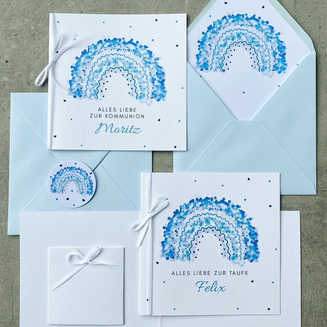 Klappkarte zur Kommunion, quadratisch, mit blauem Regenbogen und Umschlag mit Inlay - KleinArt