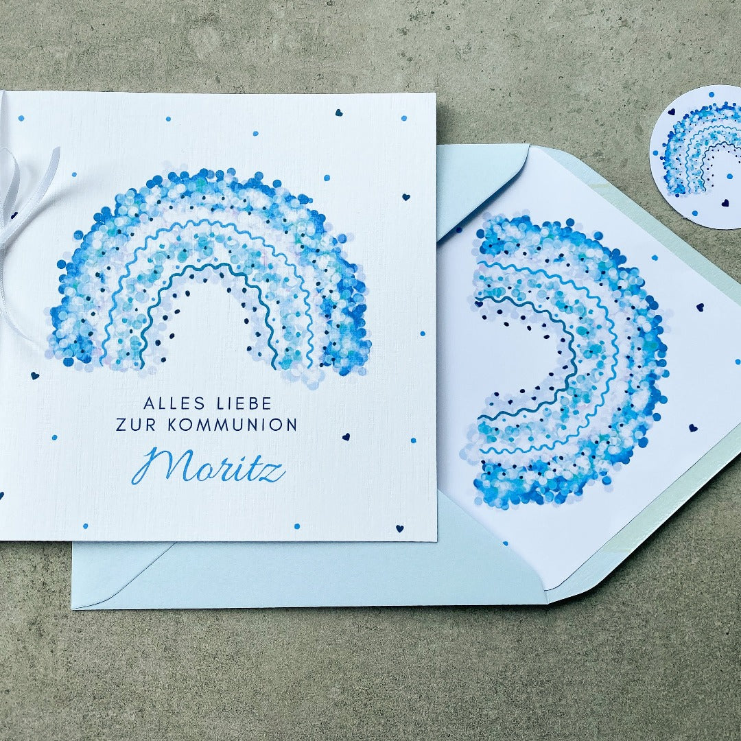 Personalisierbare Glückwunschkarte mit Regenbogen und blauem Umschlag - KleinArt