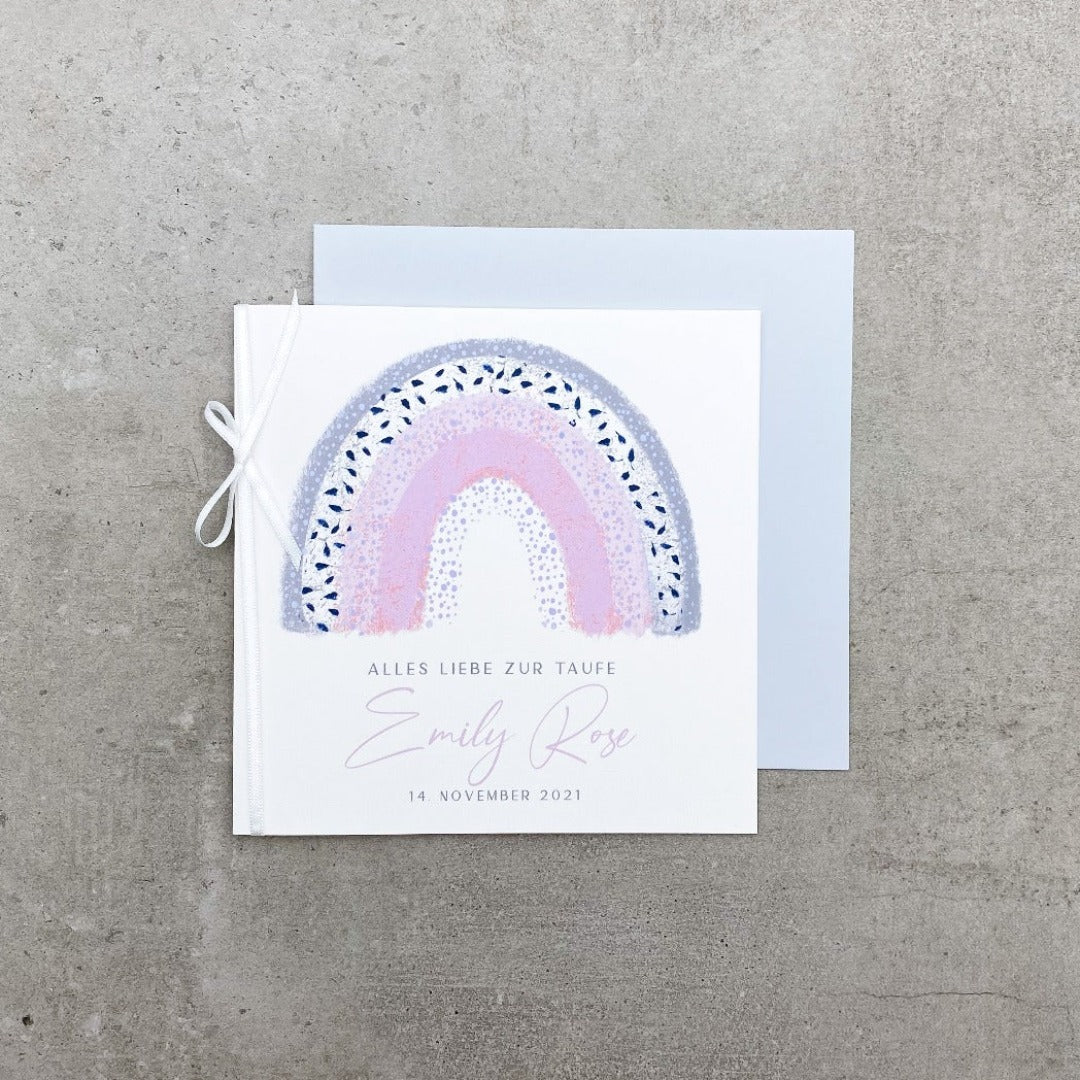 Taufkarte mit rosa-grauem Regenbogen