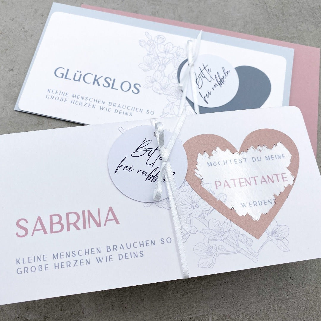 Rosa Karte für die Patentante mit Rubbelherz