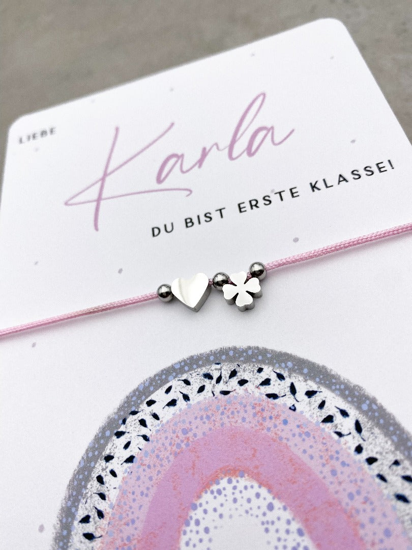 Karte zur Einschulung mit rosa Regenbogen und Edelstahl Armband in silber KleinArt