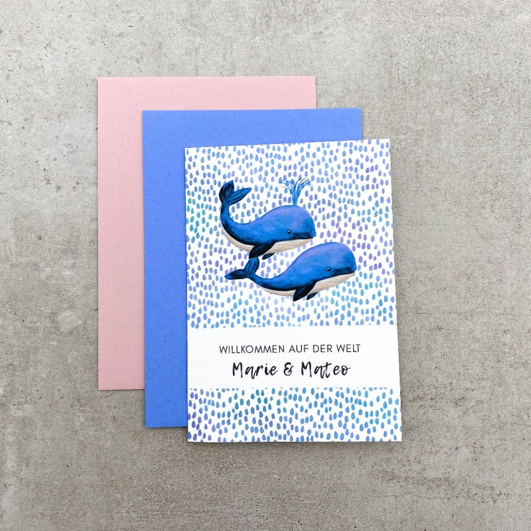 Zwillingskarte Glückwünsche, 2 Wale im Meer gezeichnet