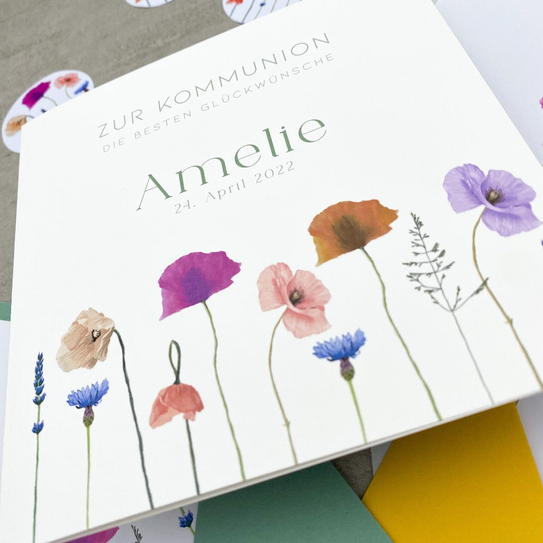Einladungskarte zur Kommunion mit gezeichneten Mohnblumen - KleinArt