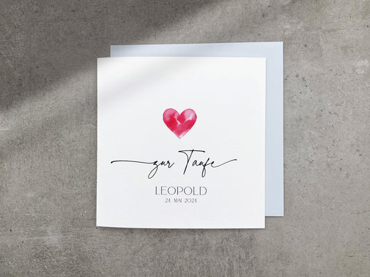 Moderne Taufkarte im schwarz-weiß Stil mit rotem Herz