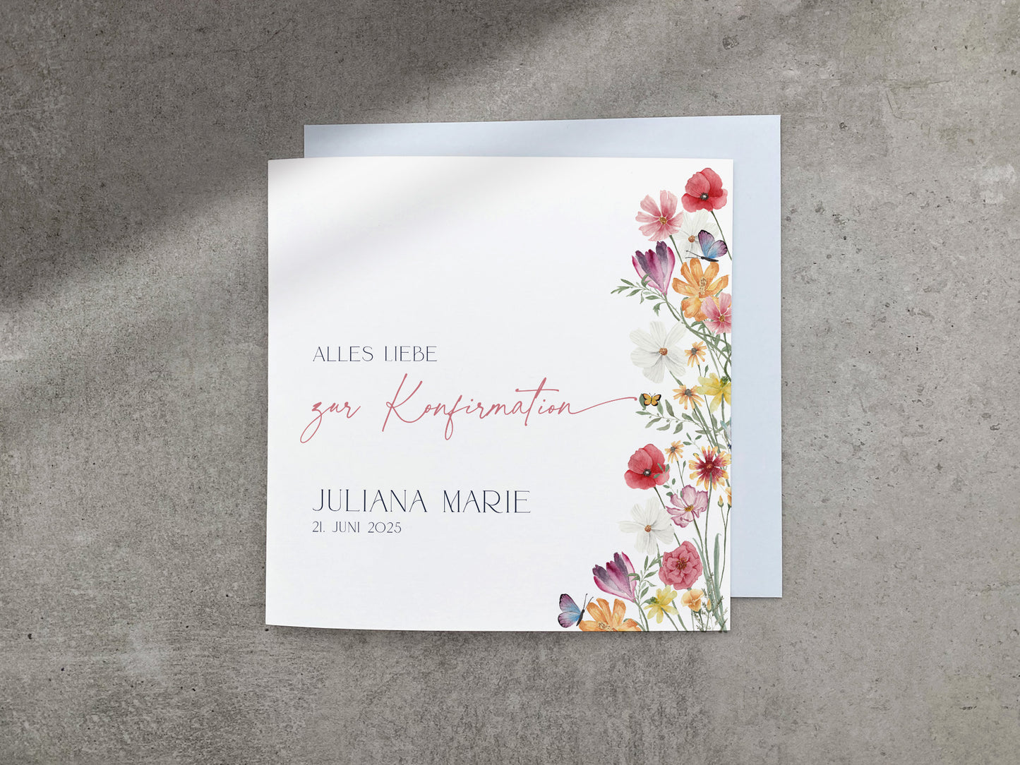 Florale Karte zur Konfirmation - mit Wildblumen und Schmetterlingen