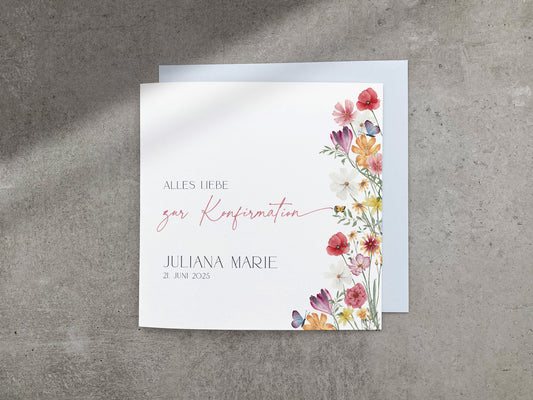 Florale Karte zur Konfirmation - mit Wildblumen und Schmetterlingen