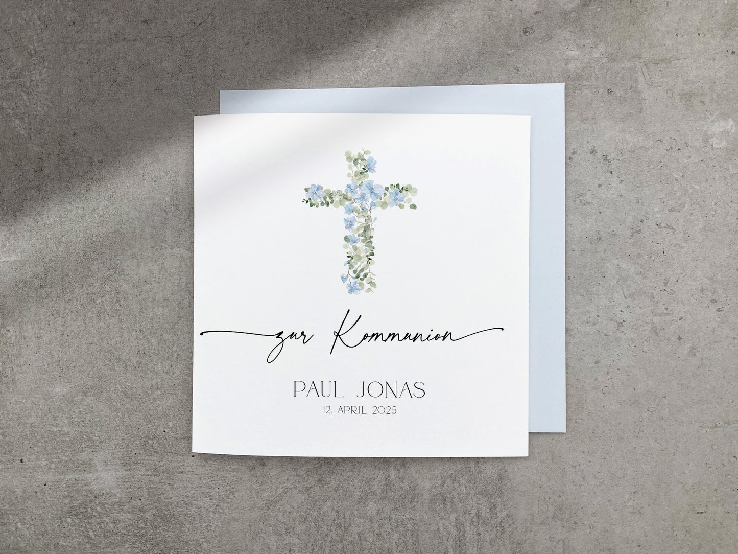 Karte zur Kommunion mit blauem Kreuz
