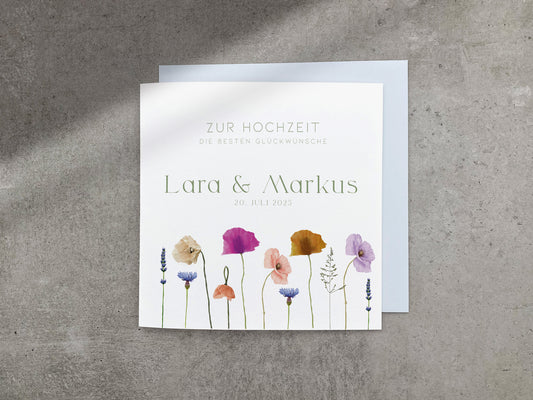 Florale Karte zur Hochzeit - mit bunten Mohnblumen