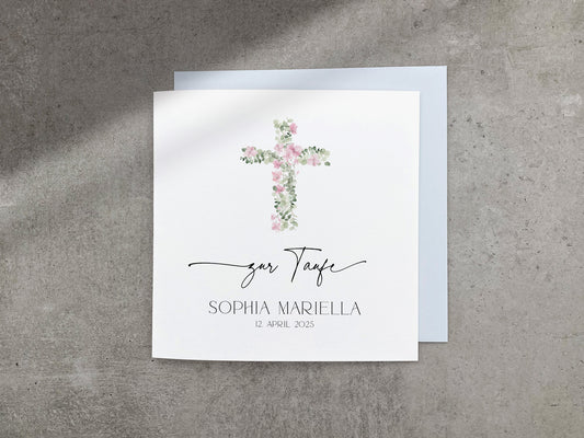 Moderne Taufkarte mit rosa Kreuz