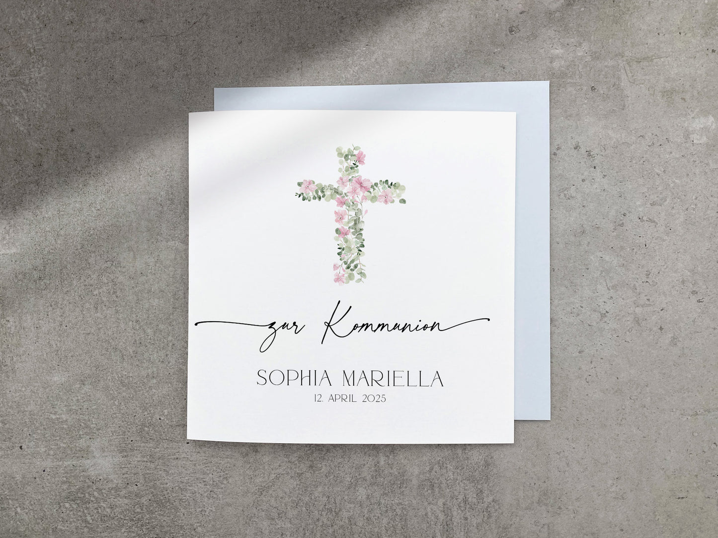 Karte zur Kommunion mit rosa Kreuz