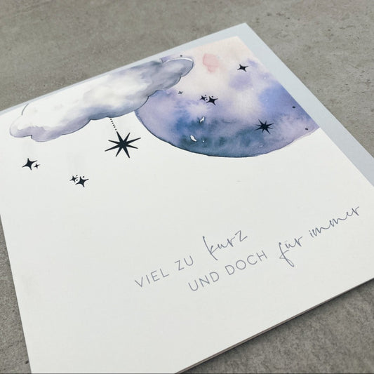 Kondolenzkarte mit Acquarellzeichnung Mond und Sterne