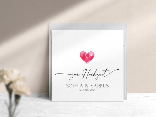Moderne Karte zur Hochzeit im schwarz-weiß Stil mit rotem Herz