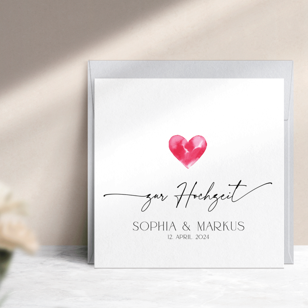 Moderne Hochzeitskarte personalisierbar mit schwarzem handlettering und rotem Herz