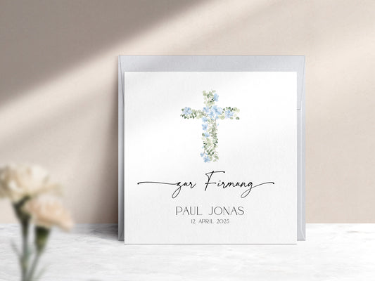 Moderne Karte zur Firmung mit blauem Kreuz