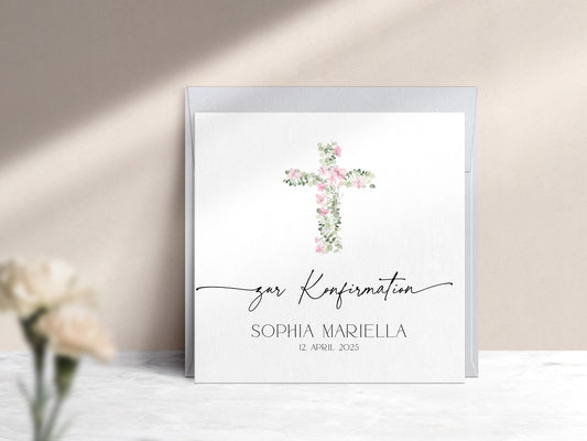 Moderne Karte zur Konfirmation mit rosa Kreuz