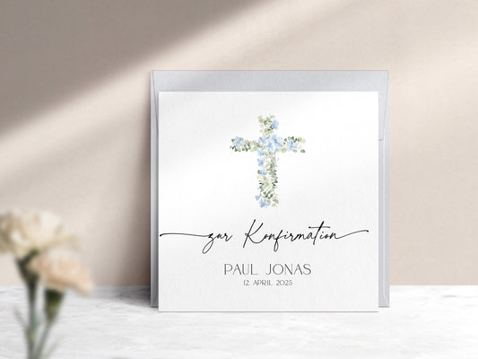 Moderne Karte zur Konfirmation mit blauem Kreuz