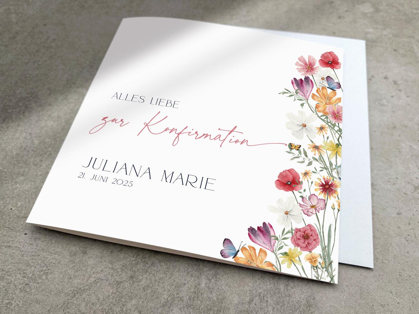 Florale Karte zur Konfirmation - mit Wildblumen und Schmetterlingen