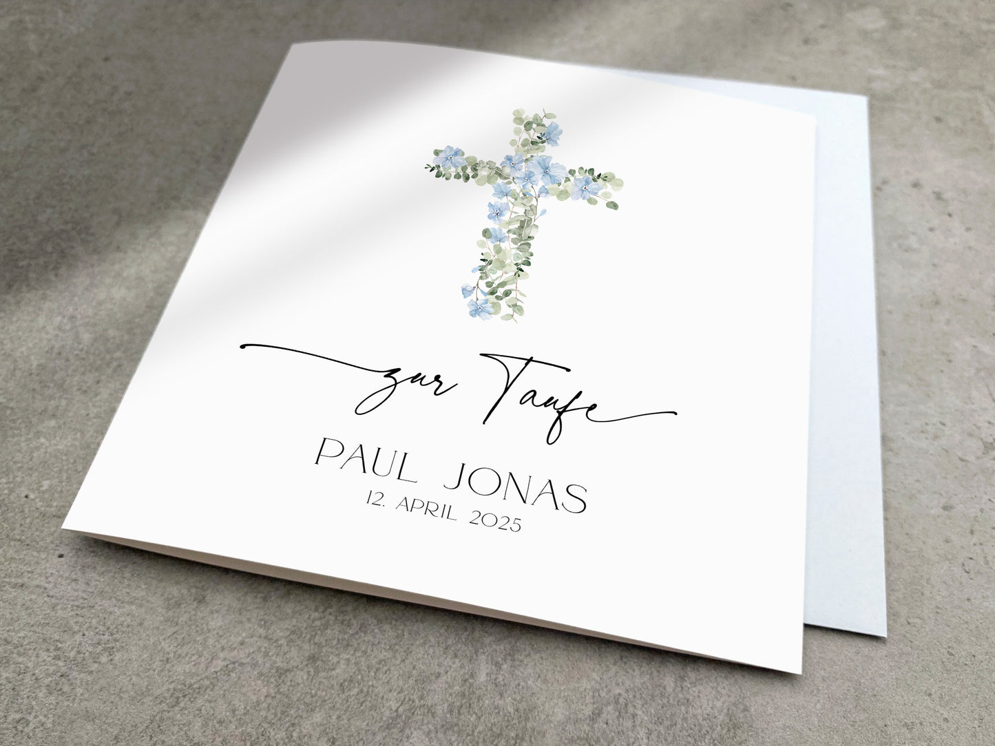 Moderne Taufkarte mit blauem Kreuz