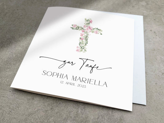 Moderne Taufkarte mit rosa Kreuz