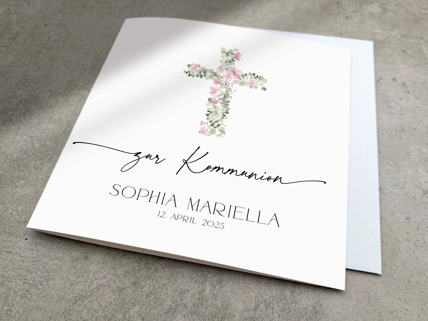 Karte zur Kommunion mit rosa Kreuz