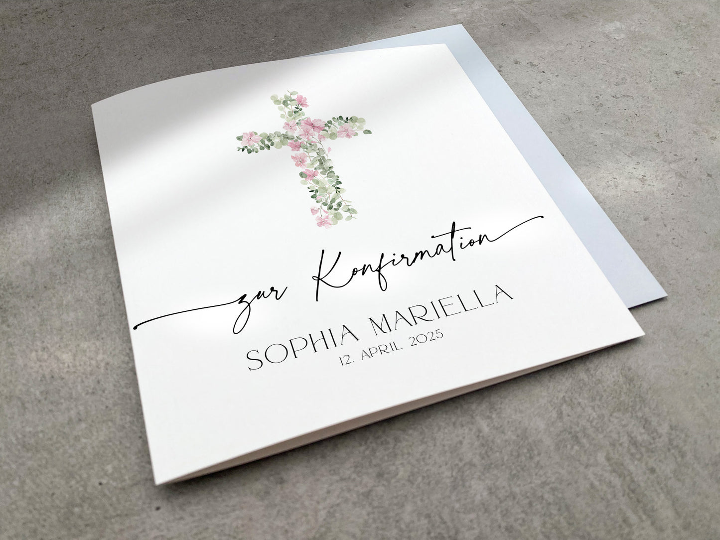 Moderne Karte zur Konfirmation mit rosa Kreuz