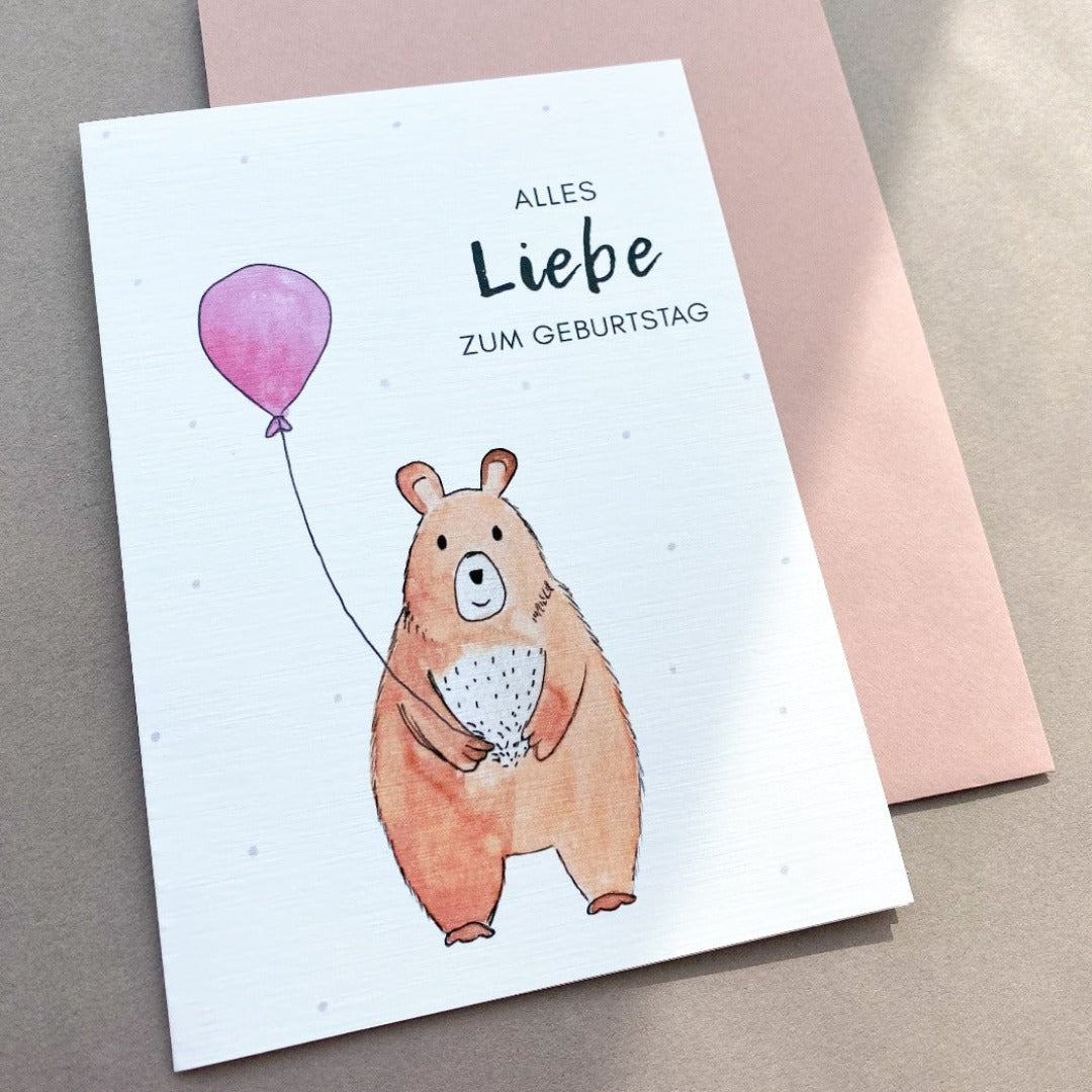 Geburtstagskarte Glückwünsche gezeichneter Bär mit Luftballon