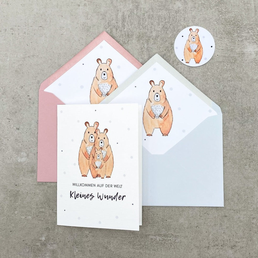 Glückwunschkarte mit Bärenfamilie, in Aquarell Technik gezeichnet