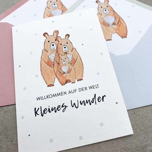 Glückwunschkarte mit Bärenfamilie, Aquarell Technik