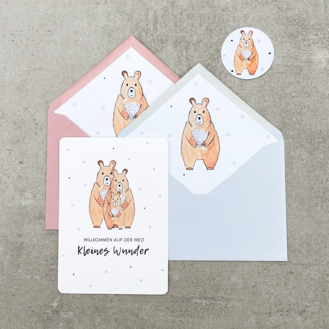 Glückwunschkarte mit Bären, in Aquarell Technik, rosa oder grauer Umschlag