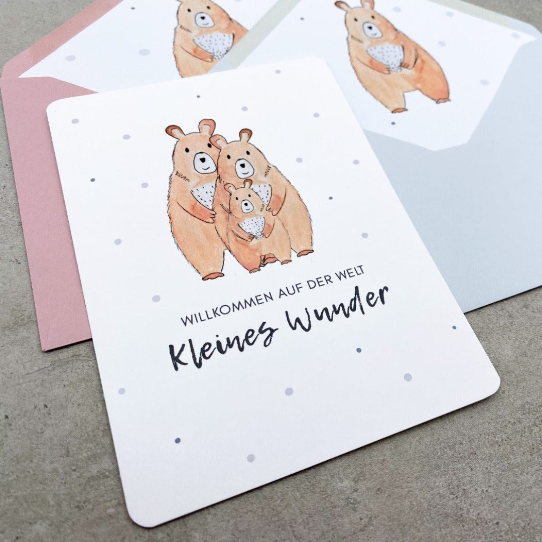 Glückwunschkarte mit Bären, in Aquarell Technik gezeichnet, rosa oder grauer Umschlag