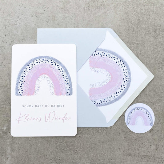 Glückwunschkarte zur Geburt mit rosa Regenbogen
