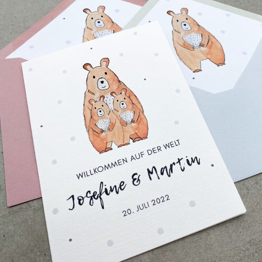 Karte zur Geburt von Zwillingen, personalisierbar, Bären Aquarell