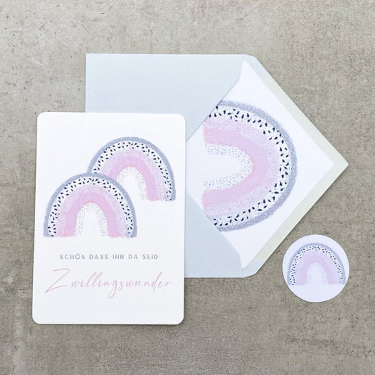Karte zur Geburt Zwillinge Regenbogen rosa grau - KleinArt Papeterie