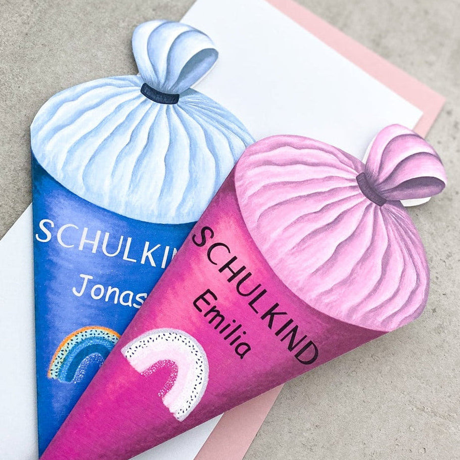 Glückwunschkarte zur Einschulung in Form einer Schultüte, handgezeichnet, mit Namen, in blau oder pink