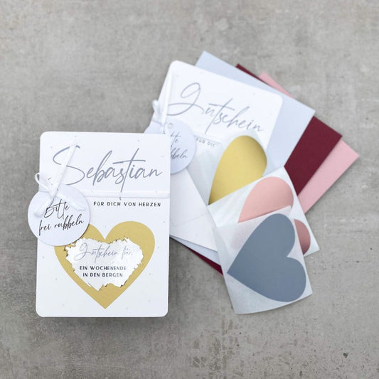 Rubbelgutschein mit Herz und grauen Punkten personalisiert erstellen bei KleinArt