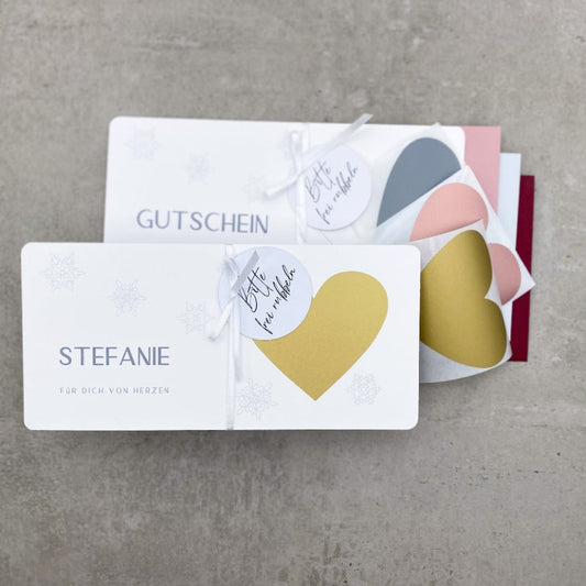 Rubbelherz Gutschein mit gedruckten Schneeflocken
