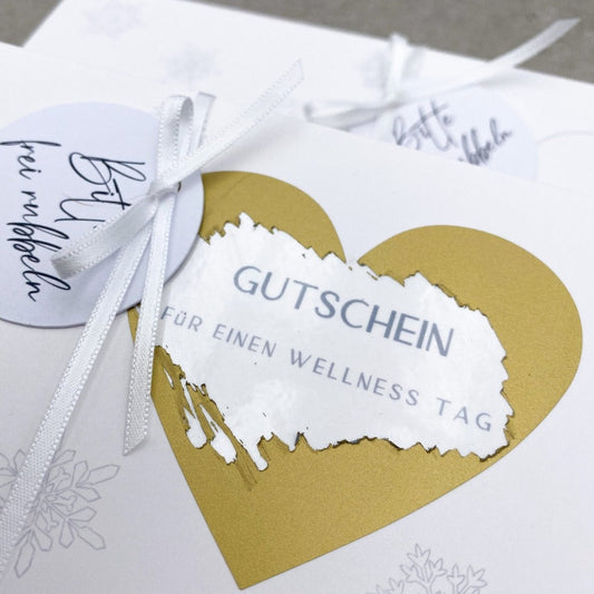 Gutschein mit individuellem Text und Rubbelherz, Schneeflocken