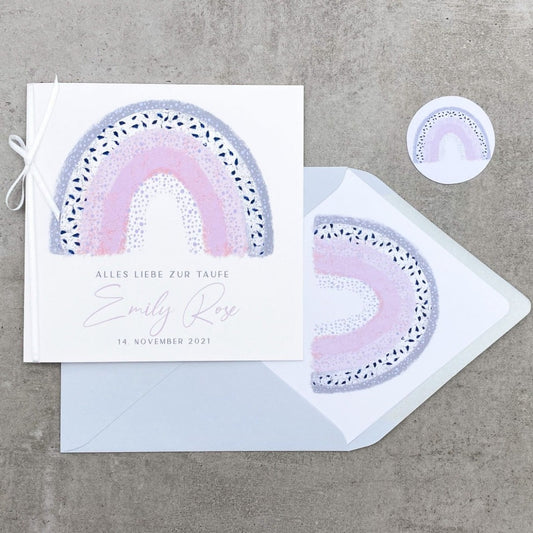 Karte zur Taufe mit Regenbogen in rosa und grau