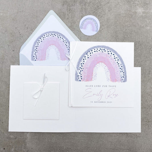Karte tur Taufe mit Geldfach und Regenbogen in rosa und grau