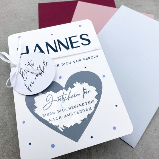 Rubbelgutschein blaue Punkte mit grauem Herz. Für dich von Herzen | KleinArt