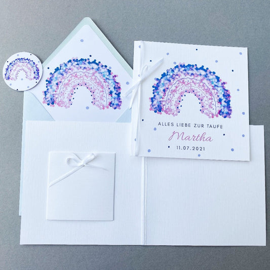 Taufkarte mit lila Regenbogen und Geldfach