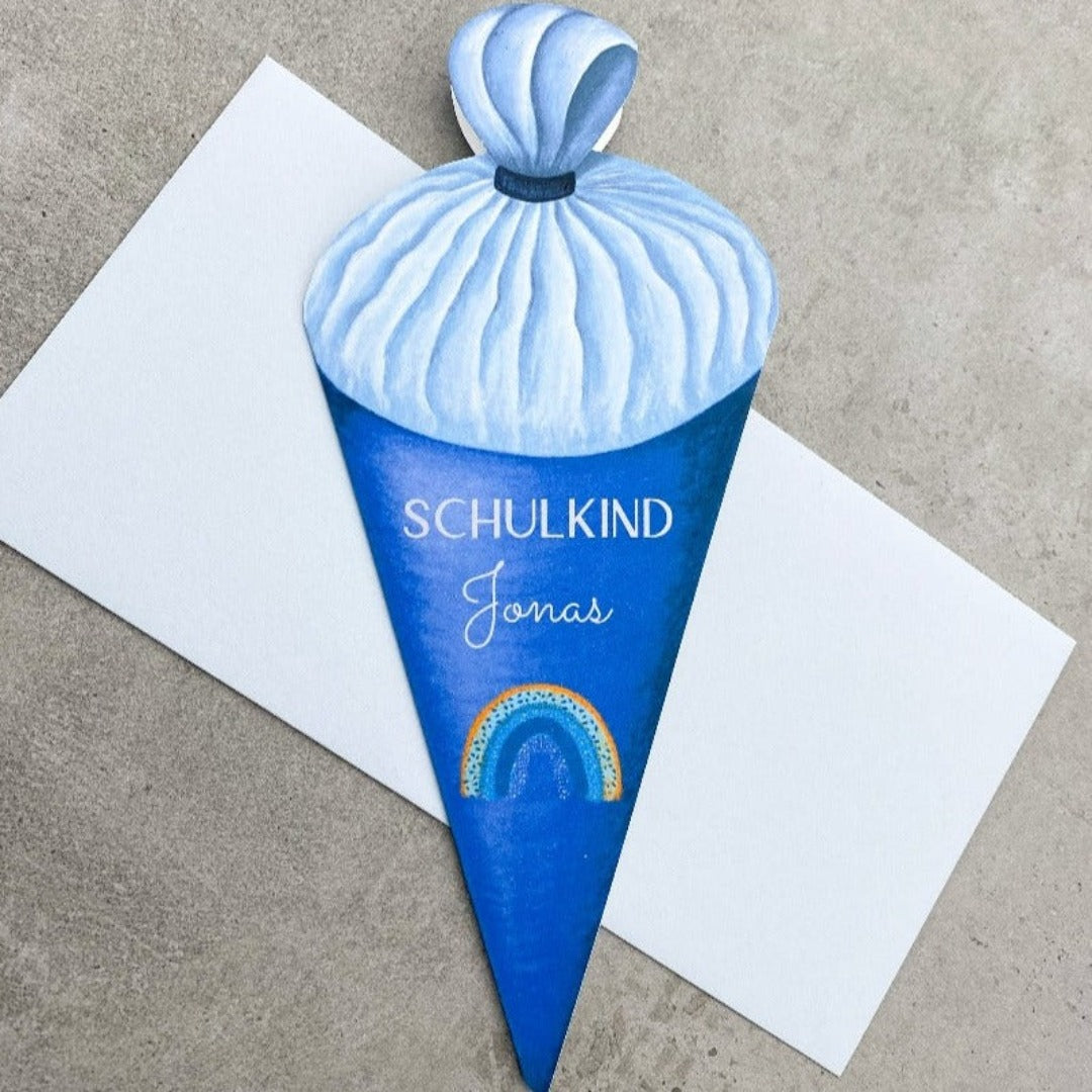 Glückwunschkarte zur Einschulung in Form einer Schultüte, handgezeichnet, mit Namen, in blau mit Umschlag