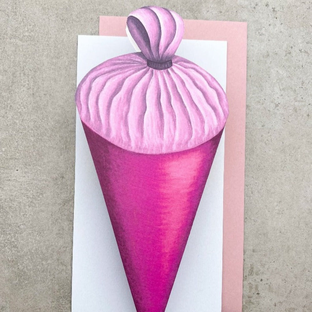 Glückwunschkarte zur Einschulung in Form einer Schultüte, handgezeichnet, mit Namen, in pink