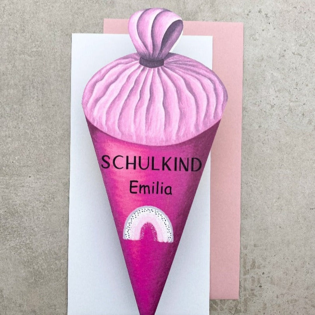 Klappkarte zur Einschulung in Form einer Schultüte, handgezeichnet, mit Namen in pink