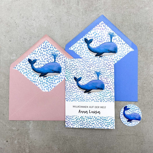 Karte zur Geburt, gezeichneter Wal im Meer